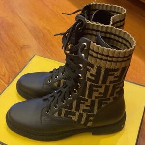 Fendi Black and Brown Lace-Up Boots
